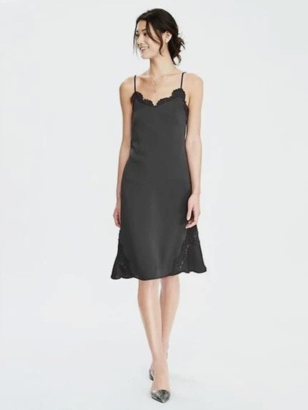 BANANA REPUBLIC Lace Trim Midi Slip Dress, Charcoal Grey, Sz 16 (or. $128) - NWT
